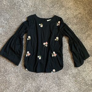Loft Black Dotted Swiss Floral Blouse